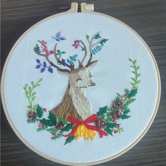 Hand Crafted Embroidered Deer with Floral Design -...